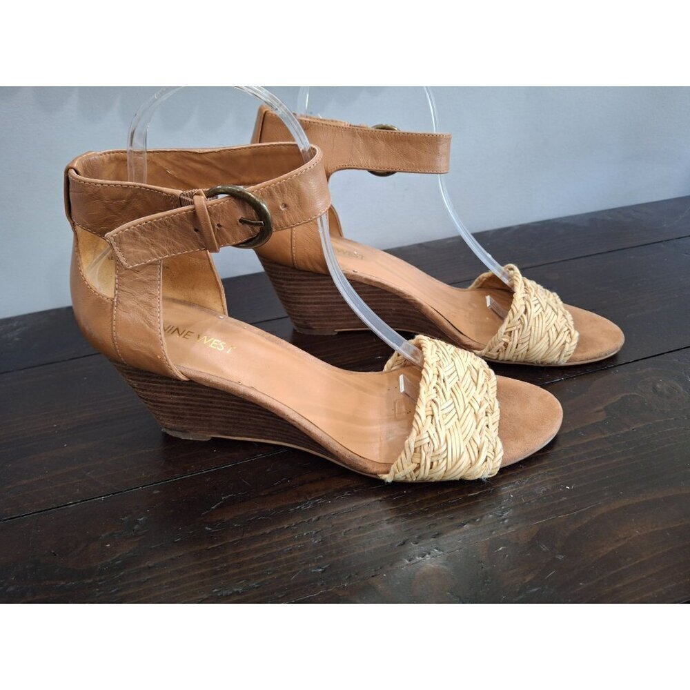 Nine West Rosling Brown Leather Open Toe Wedge Sandal/Pre-owned, Sz. 9M